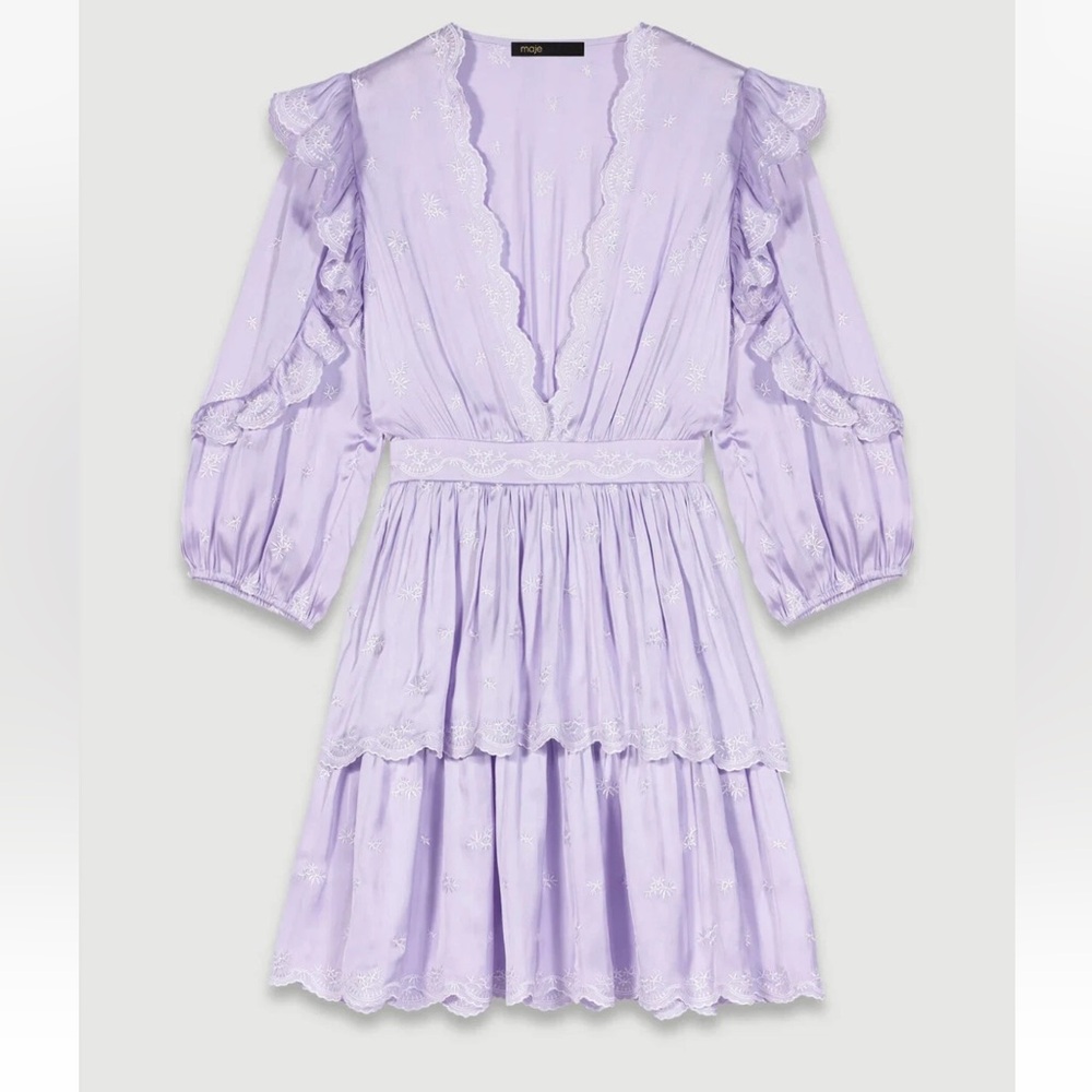 Maje Rilas Tiered Embroidered Purple White floral Satin Mini Dress used once